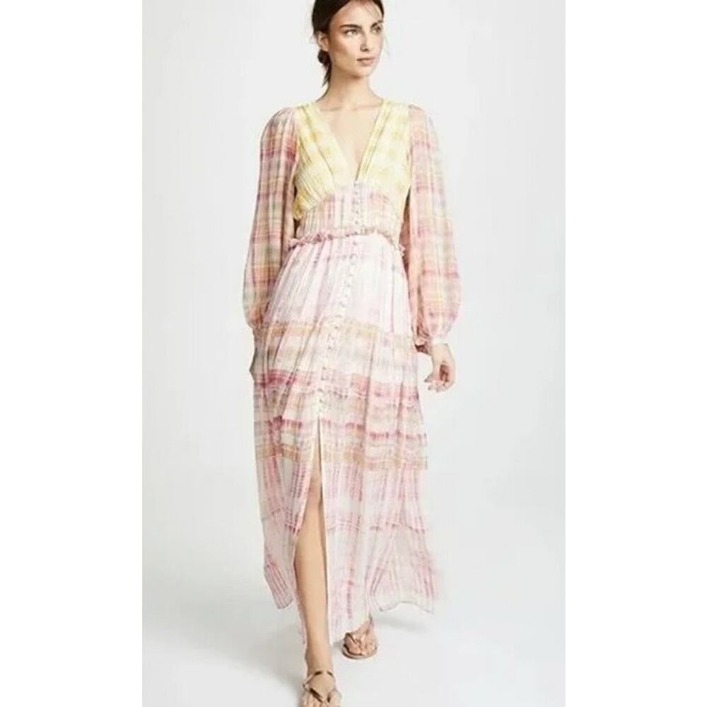 Hemant & Nandita Multicolor Viscose Plunging Peasant Resort Boho Maxi Dress M